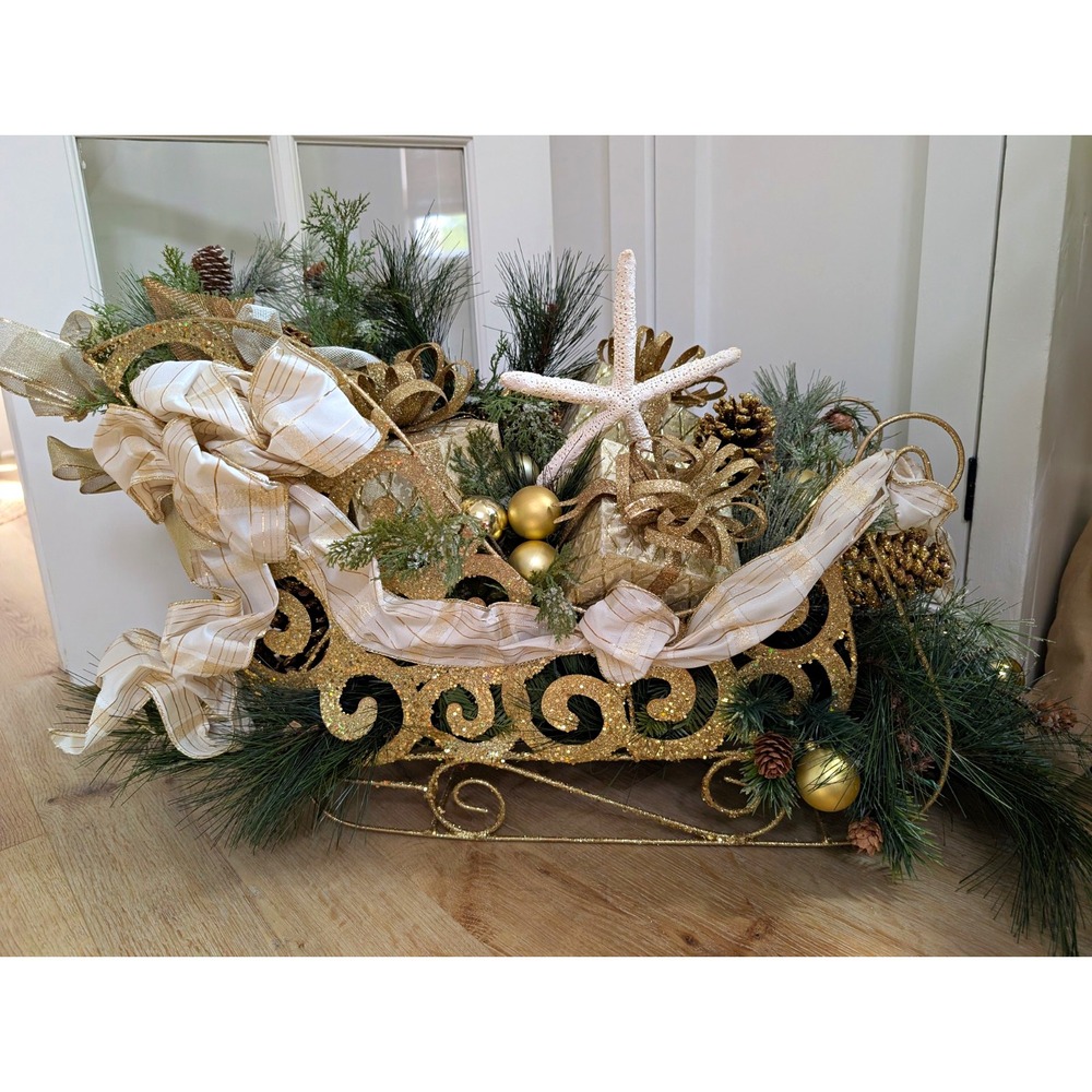 Large Gold Christmas Sleigh Centerpiece Coastal Starfish Pinecones Holiday Decor
